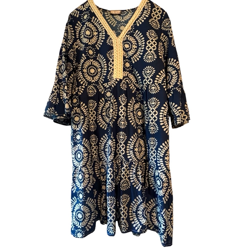 Saiph Lab Blue and Cream Boho Floral Lagenlook Dress Crochet Detail Size XL